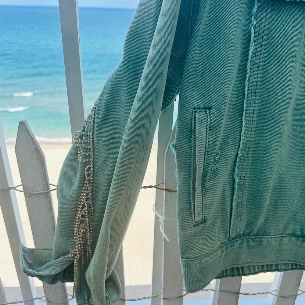 POL fringe turquoise/olive woman's Jean Jacket - Picture 7 of 10